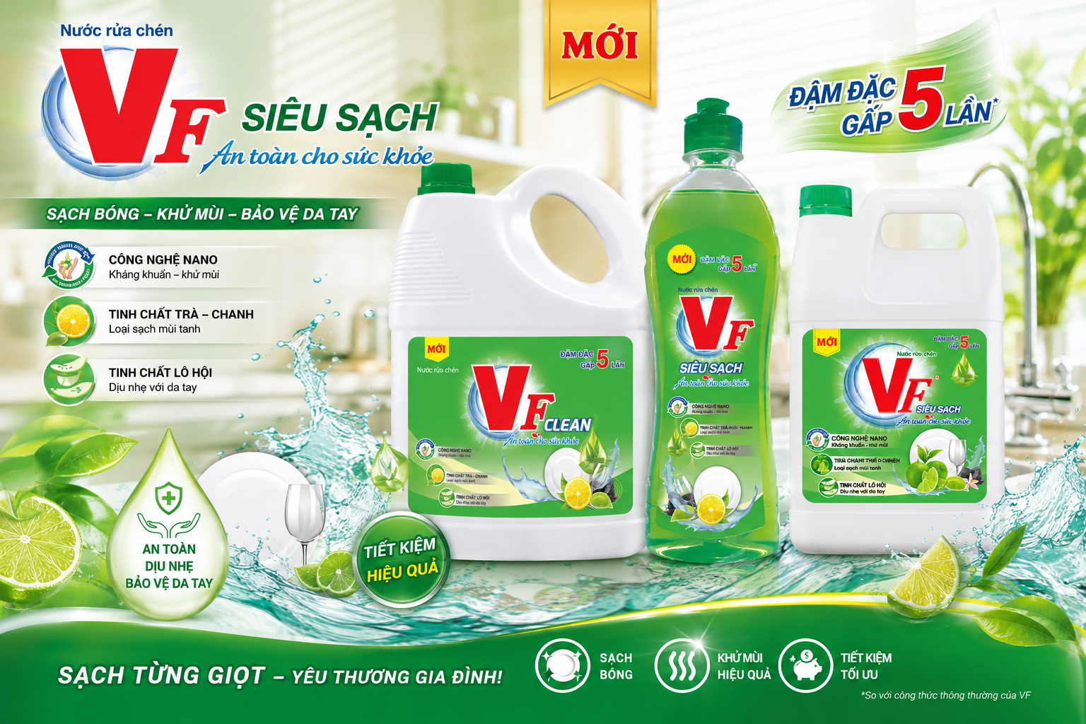 Nước Rửa Chén VF Siêu Sạch – Đậm Đặc Gấp 5 Lần, Đánh Bay Dầu Mỡ